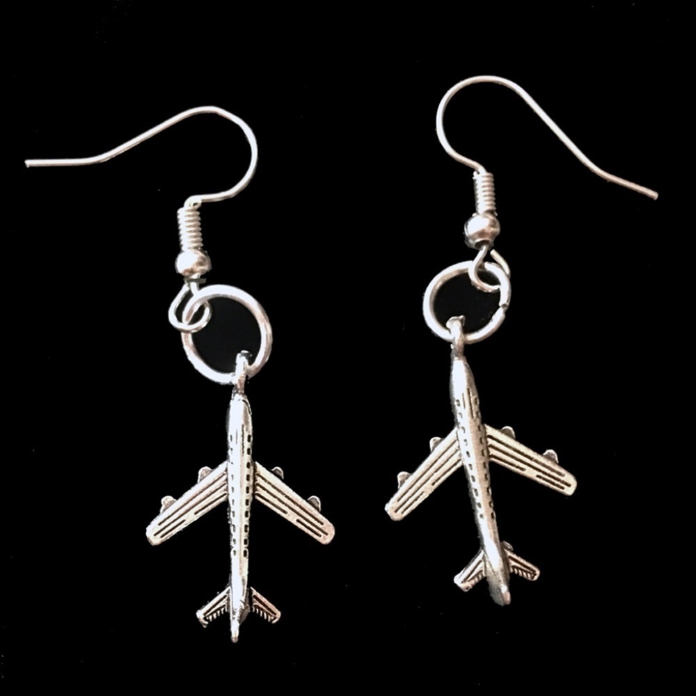 HAND Crafted Drop Earrings Jet Airplanes Fly Me Away Silver Tone